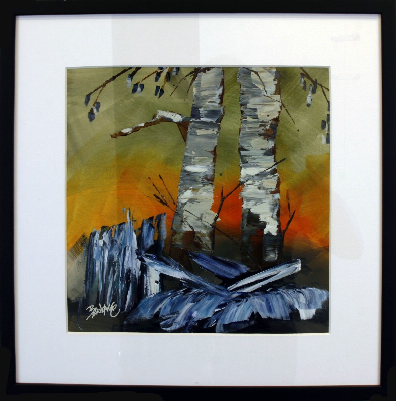 Kunstværk malet på papir med passepartout bag glas