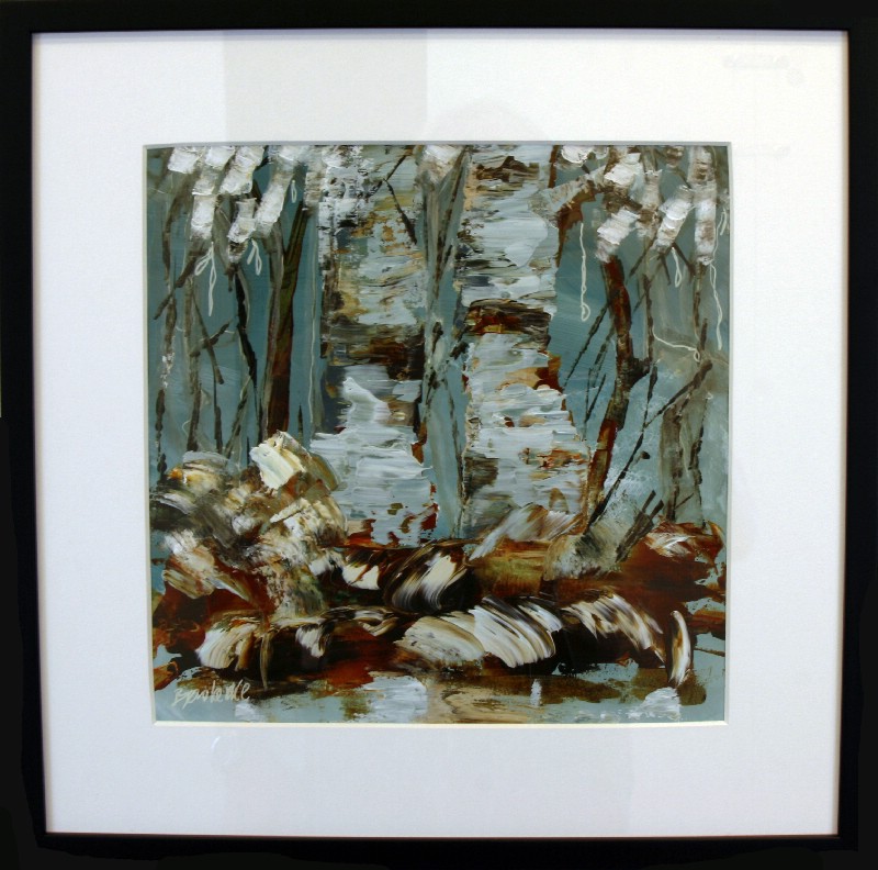 Kunstværk malet på papir med passepartout bag glas