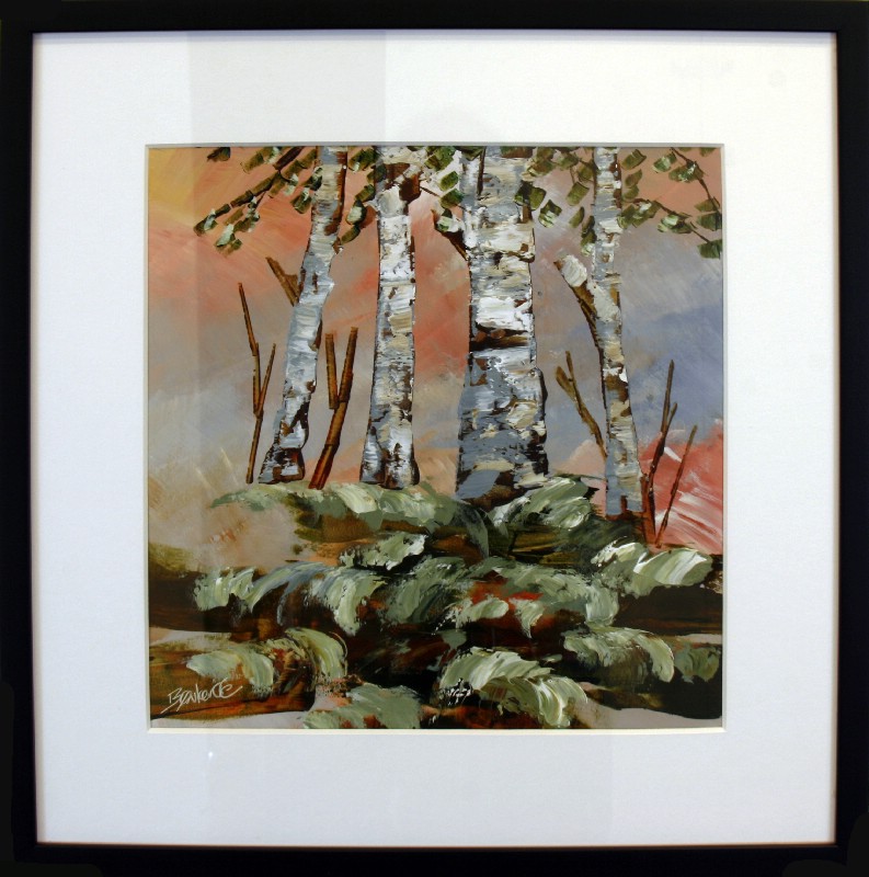 Kunstværk malet på papir med passepartout bag glas