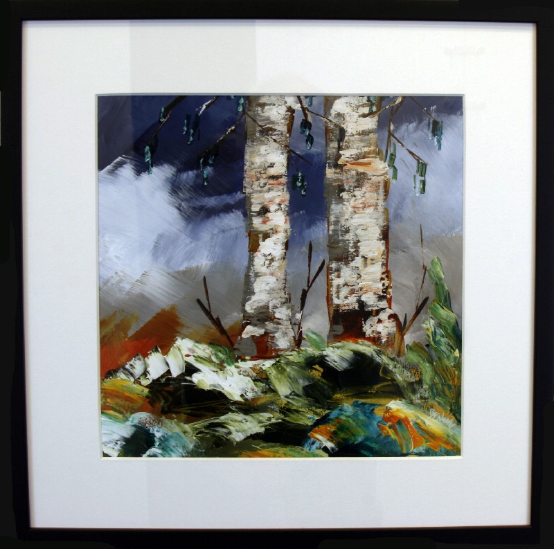 Kunstværk malet på papir med passepartout bag glas