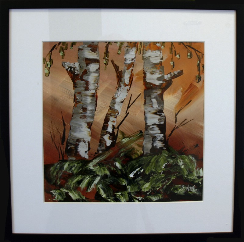 Kunstværk malet på papir med passepartout bag glas