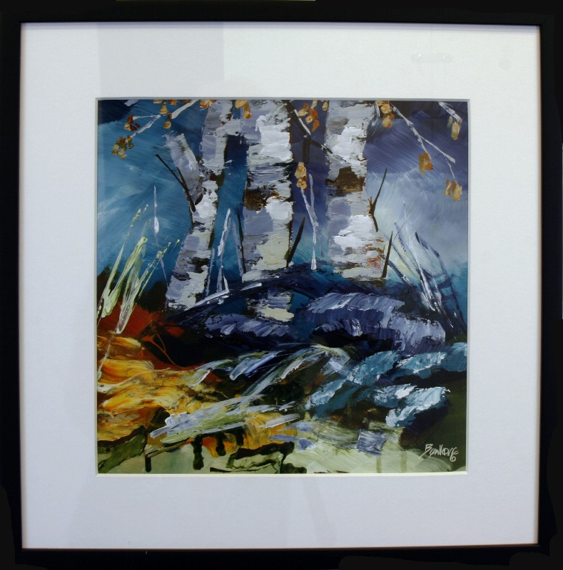 Kunstværk malet på papir med passepartout bag glas