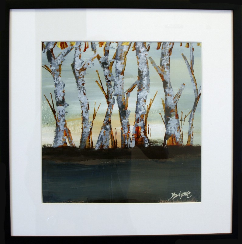 Kunstværk malet på papir med passepartout bag glas