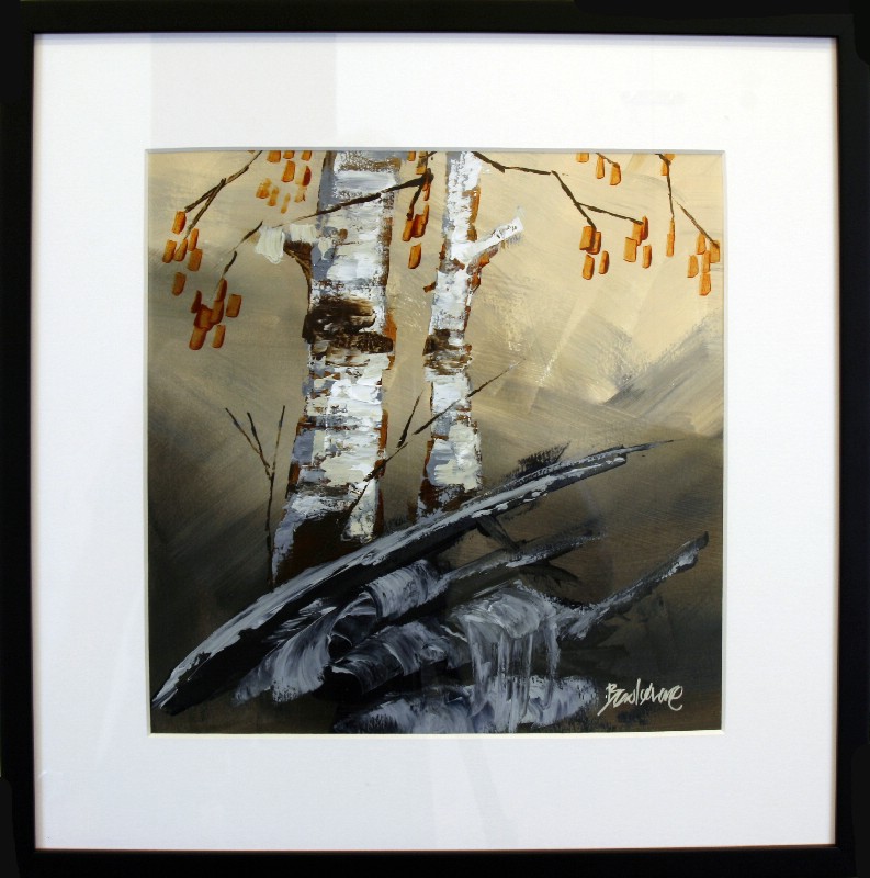 Kunstværk malet på papir med passepartout bag glas