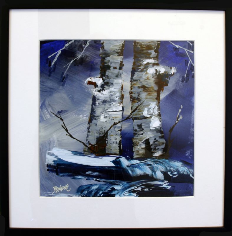 Kunstværk malet på papir med passepartout bag glas