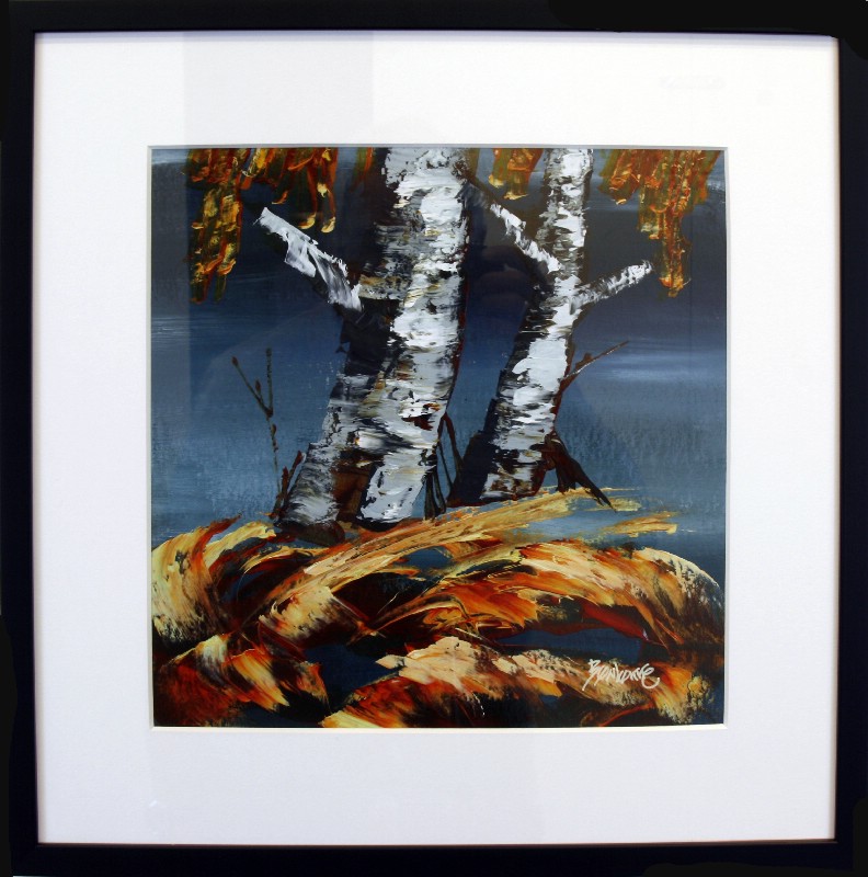 Kunstværk malet på papir med passepartout bag glas