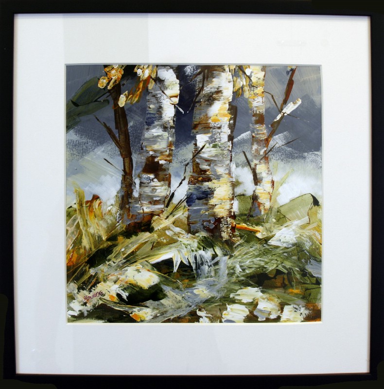 Kunstværk malet på papir med passepartout bag glas