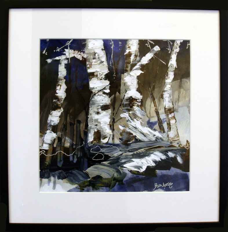 Kunstværk malet på papir med passepartout bag glas