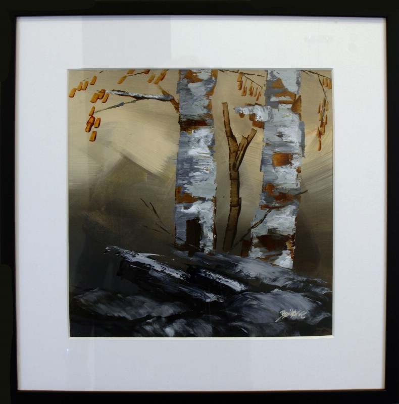 Kunstværk malet på papir med passepartout bag glas