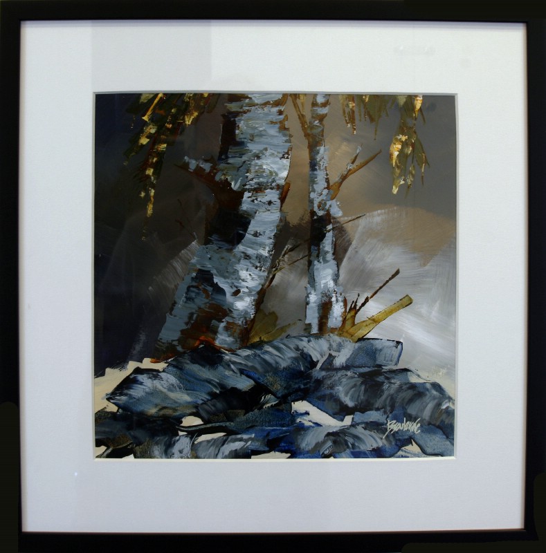 Kunstværk malet på papir med passepartout bag glas