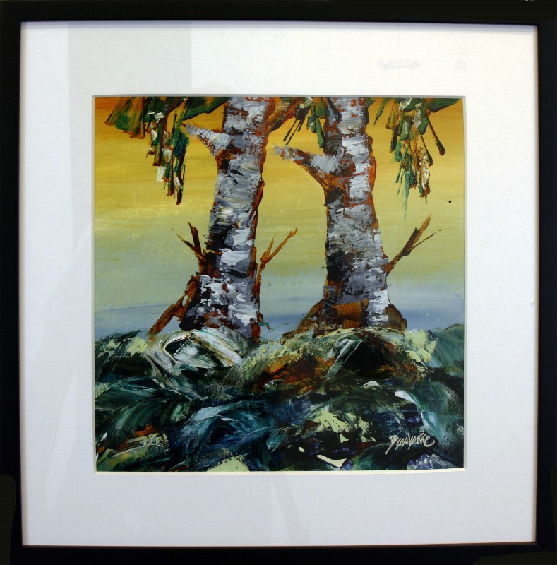 Kunstværk malet på papir med passepartout bag glas