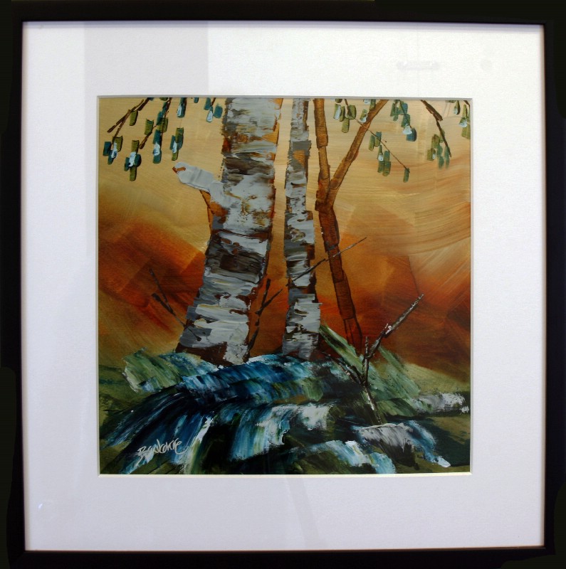 Kunstværk malet på papir med passepartout bag glas