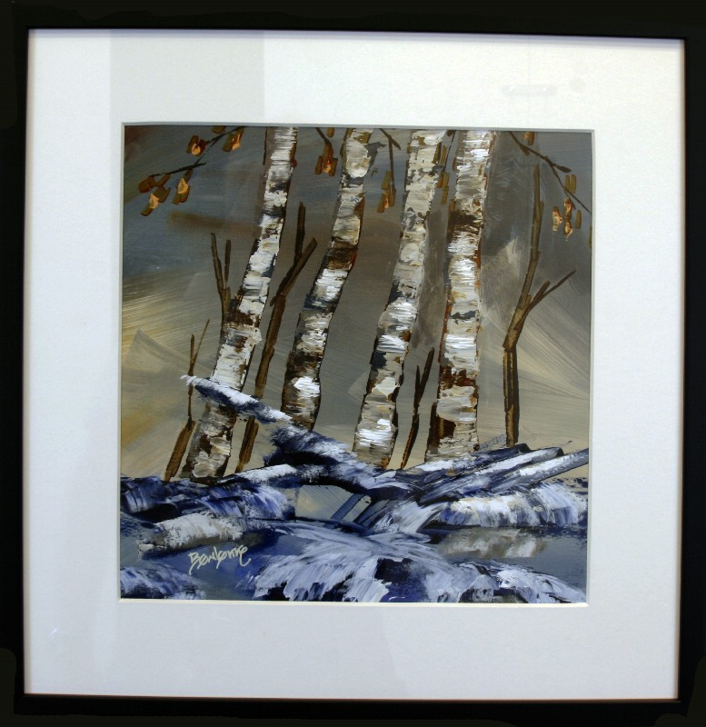 Kunstværk malet på papir med passepartout bag glas