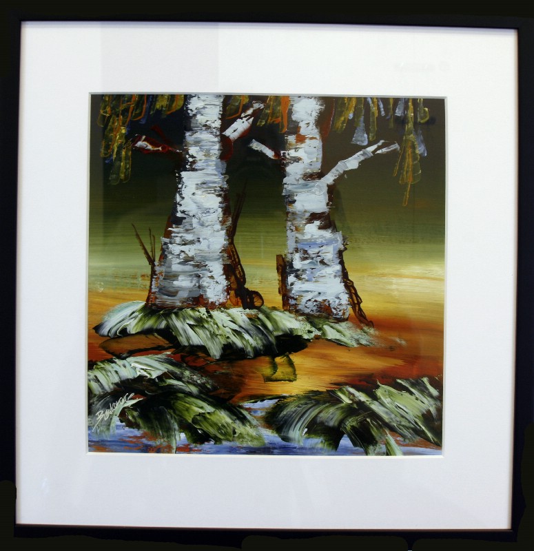 Kunstværk malet på papir med passepartout bag glas