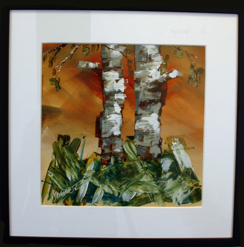 Kunstværk malet på papir med passepartout bag glas