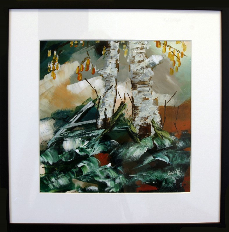 Kunstværk malet på papir med passepartout bag glas