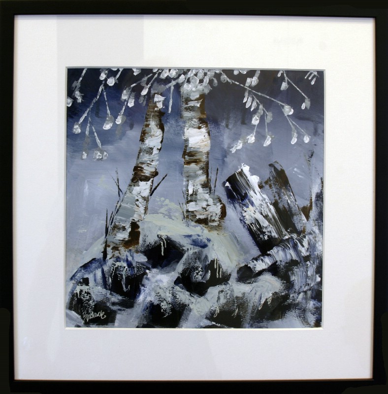 Kunstværk malet på papir med passepartout bag glas