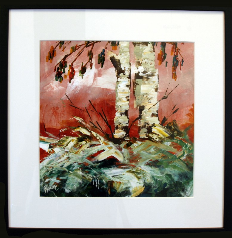 Kunstværk malet på papir med passepartout bag glas