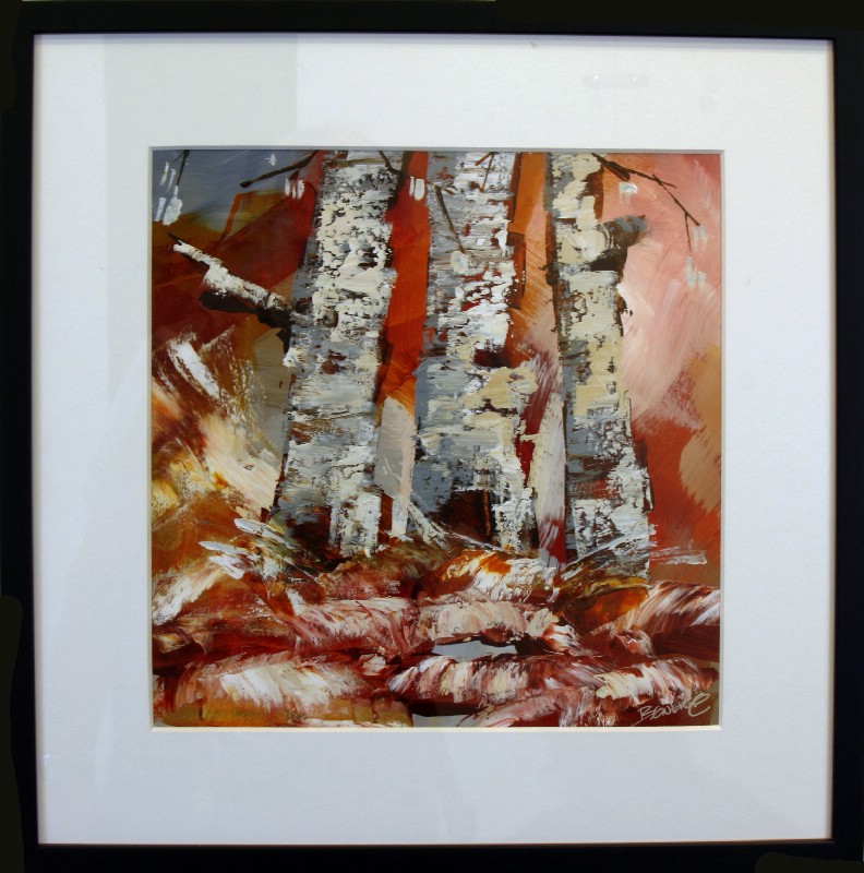 Kunstværk malet på papir med passepartout bag glas