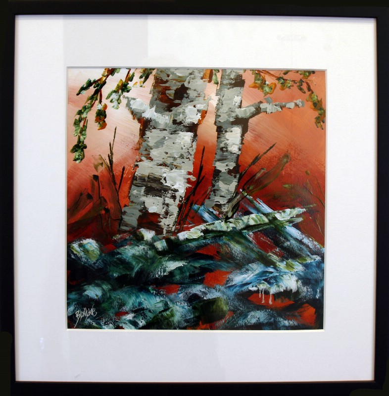 Kunstværk malet på papir med passepartout bag glas