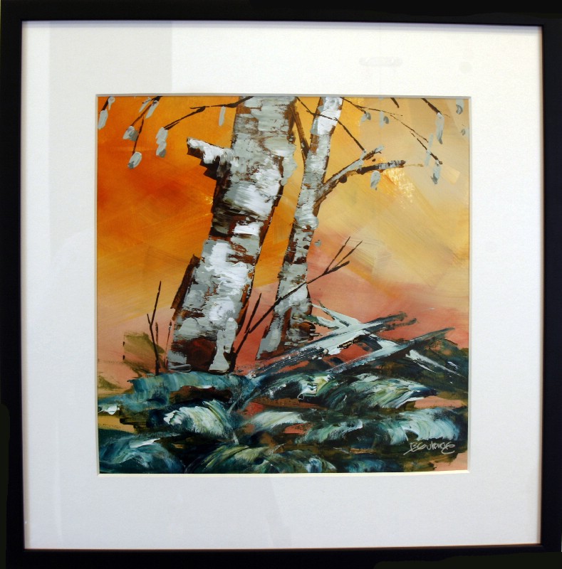 Kunstværk malet på papir med passepartout bag glas