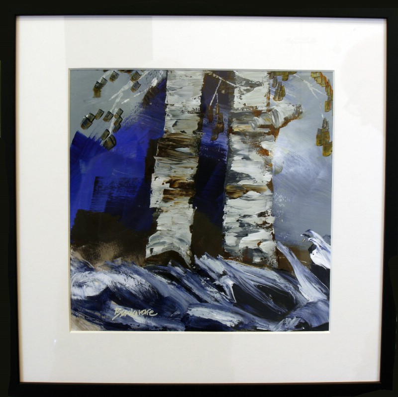 Kunstværk malet på papir med passepartout bag glas