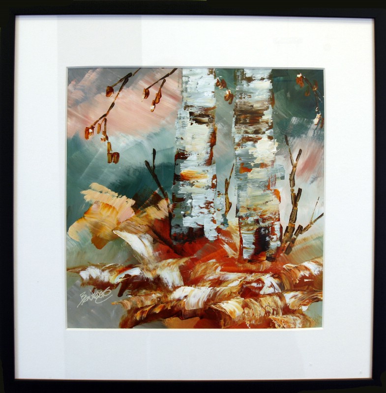 Kunstværk malet på papir med passepartout bag glas