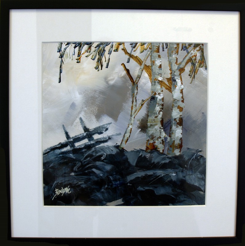 Kunstværk malet på papir med passepartout bag glas