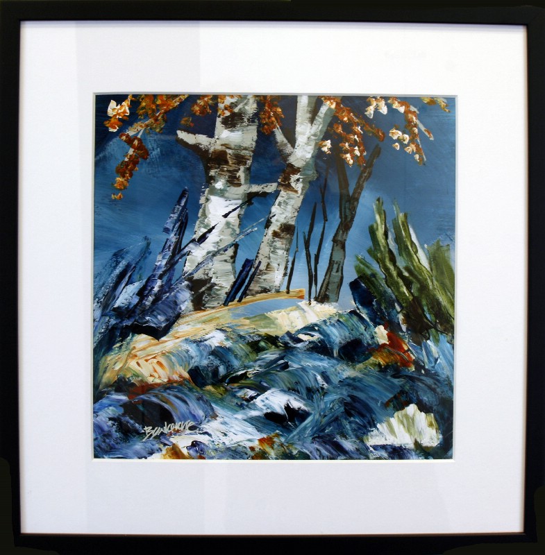 Kunstværk malet på papir med passepartout bag glas