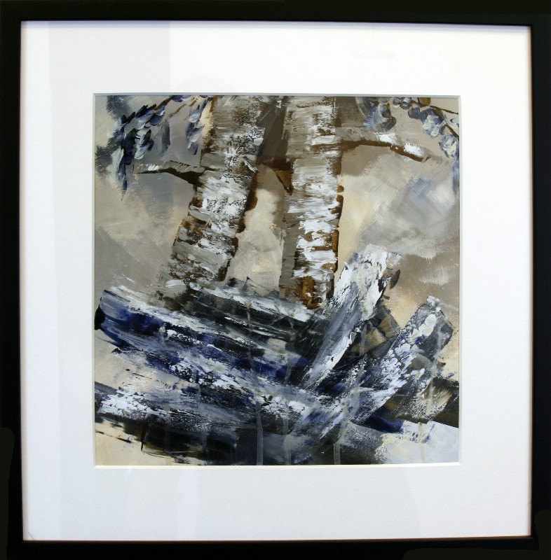 Kunstværk malet på papir med passepartout bag glas