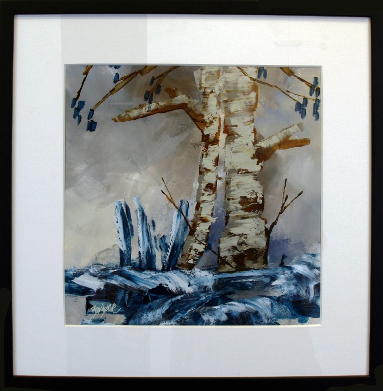 Kunstværk malet på papir med passepartout bag glas