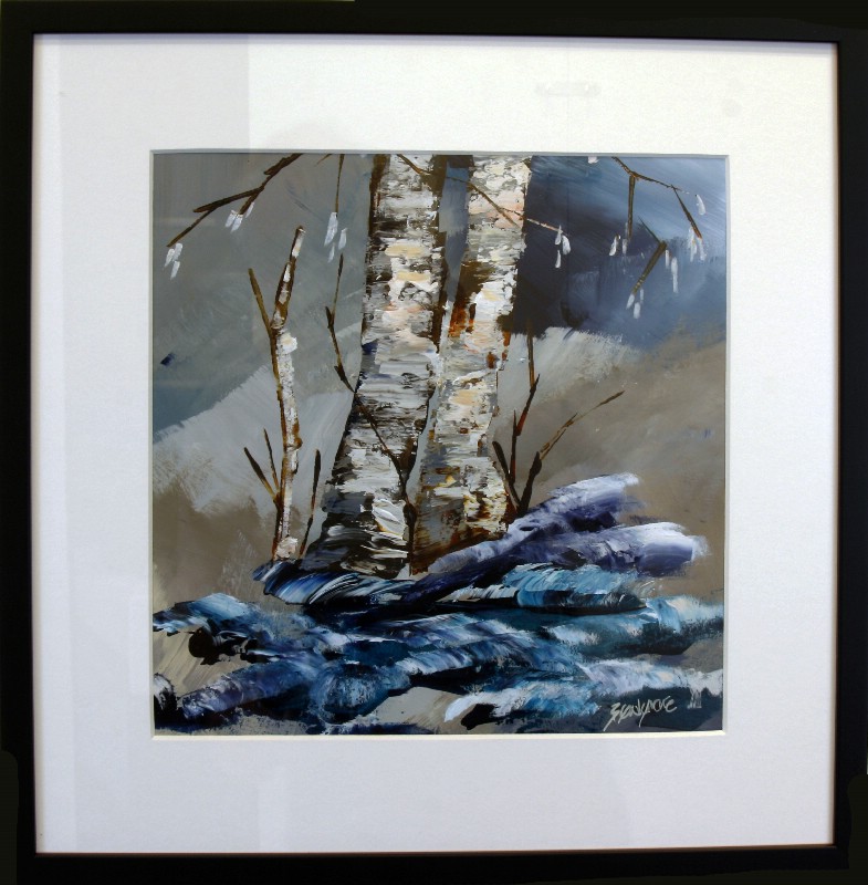 Kunstværk malet på papir med passepartout bag glas