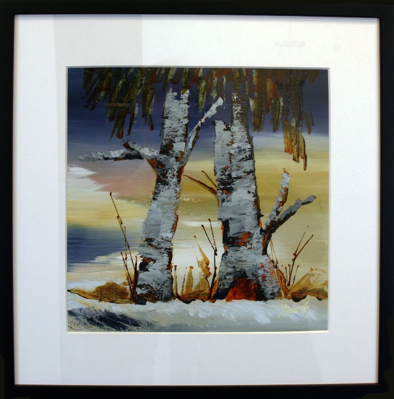 Kunstværk malet på papir med passepartout bag glas