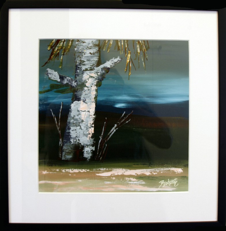 Kunstværk malet på papir med passepartout bag glas