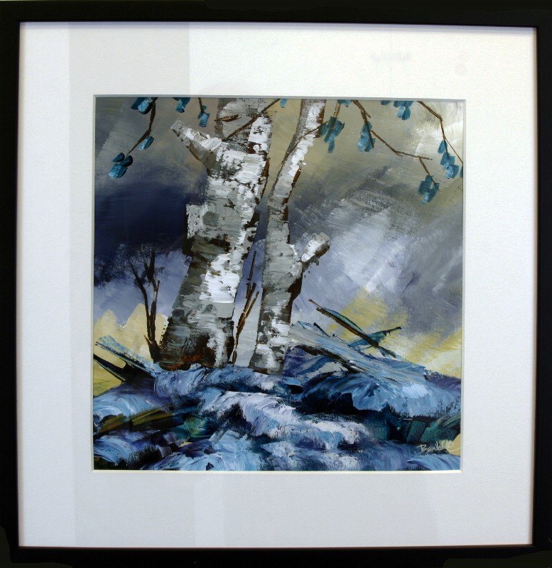 Kunstværk malet på papir med passepartout bag glas