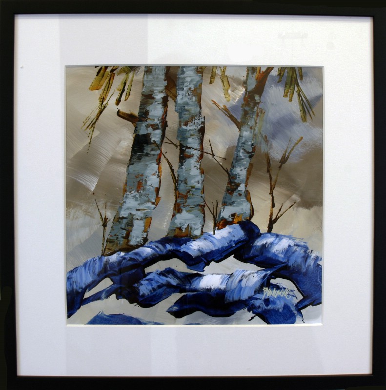 Kunstværk malet på papir med passepartout bag glas