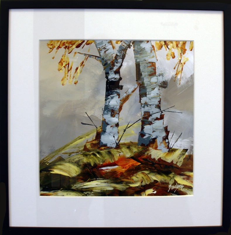 Kunstværk malet på papir med passepartout bag glas