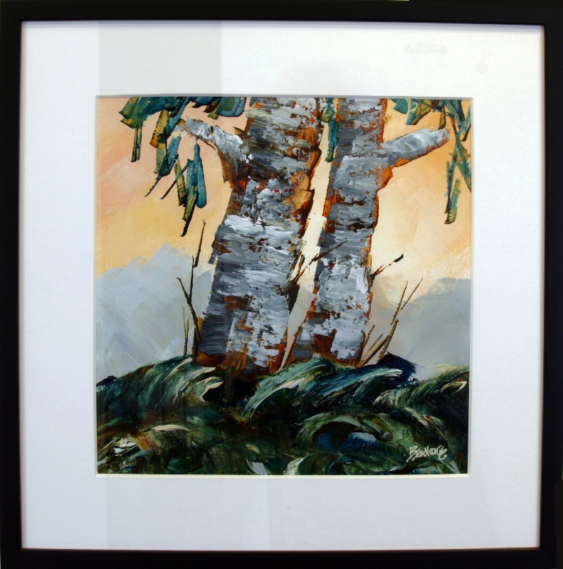 Kunstværk malet på papir med passepartout bag glas