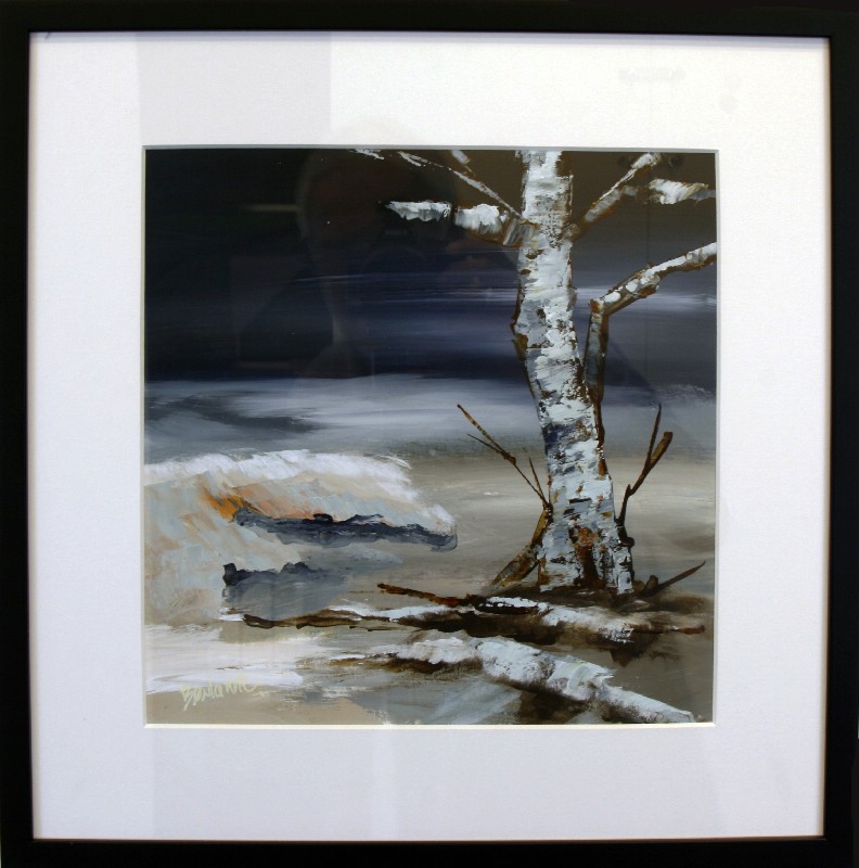 Kunstværk malet på papir med passepartout bag glas