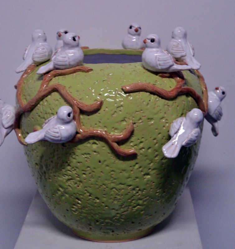 Krukke med hvide fugle