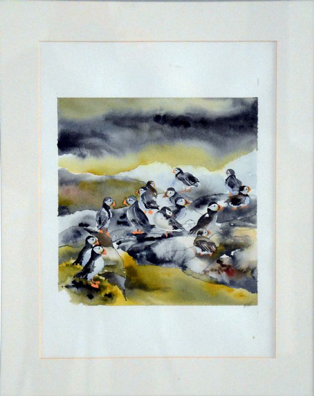 Puffins - akvarel bag glas