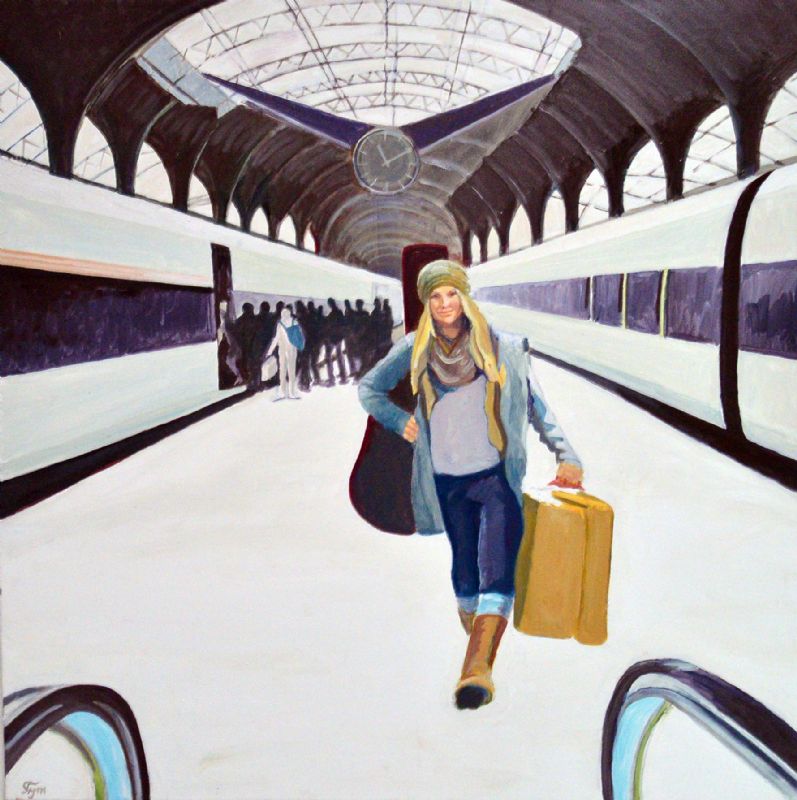 Ankom med guitar og gul kuffert