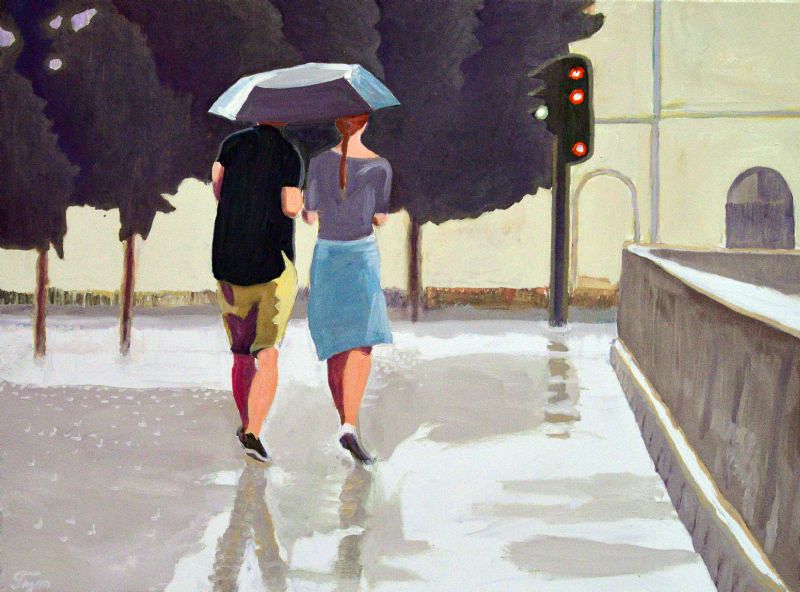 Blå kjole, gule bukser