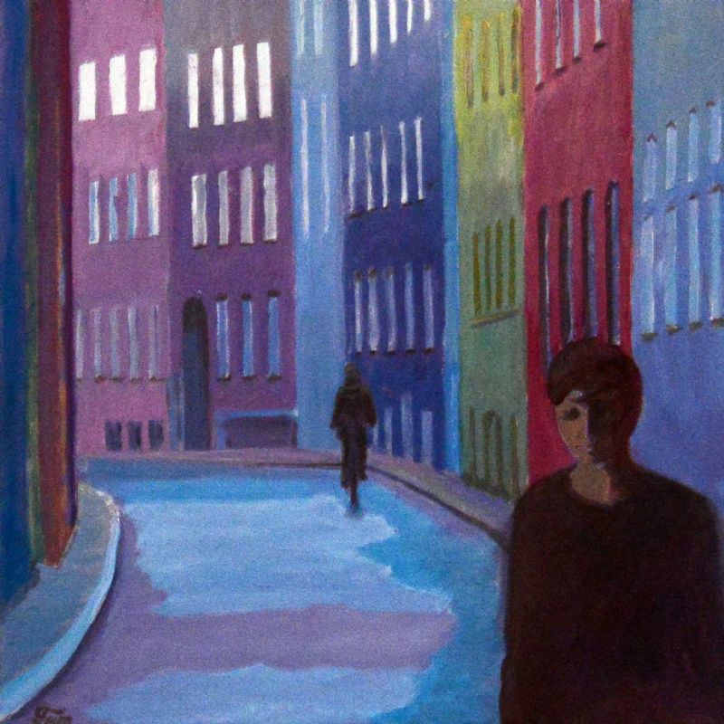 Blå gade med vinduer