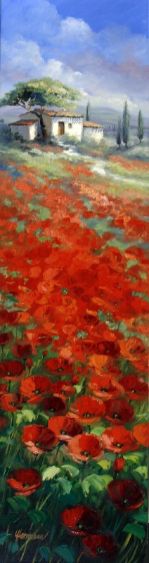 House With Cypresses And Poppies